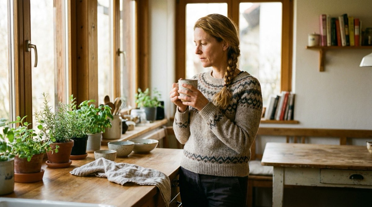 Frau mit einer Tasse Tee am Küchenfenster am Morgen